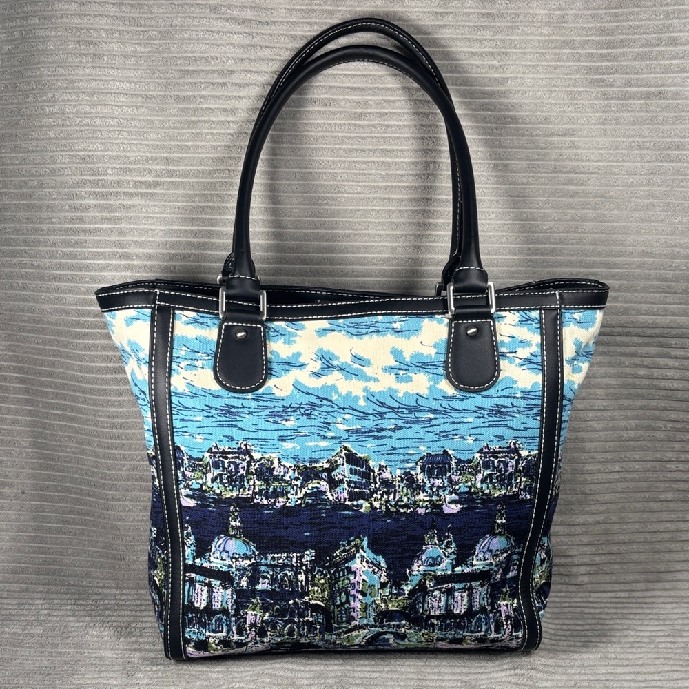 Talbots Canvas Tote Bag with Abstract Venice Print  Black and Blue NWOT